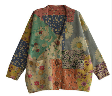 Ethnic style printed imitation mink velvet knitted cardigan women's autumn new retro loose sweater jacket m301711