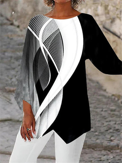 Geometric print long-sleeved splicing crew neck shirt m301290