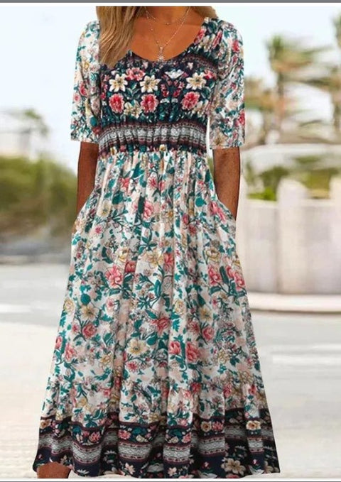 Up and down splicing pocket size printing big wide dress m301712