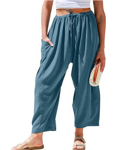 Elastic waist pleated middle waist straight pants loose casual cotton and linen nine-point pants m301883