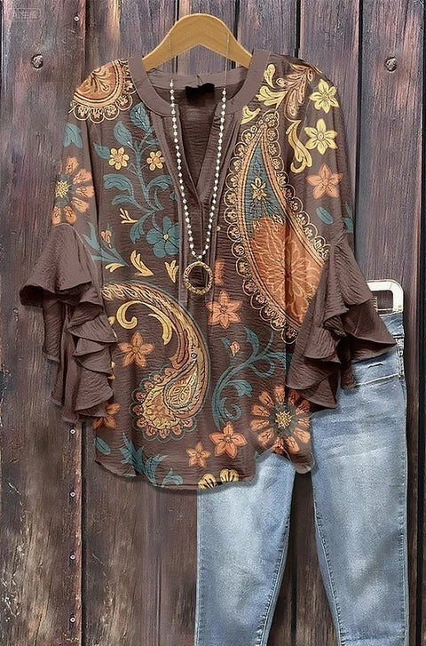 Digital printing casual trend V-neck lotus edge T-shirt women's m302725-1