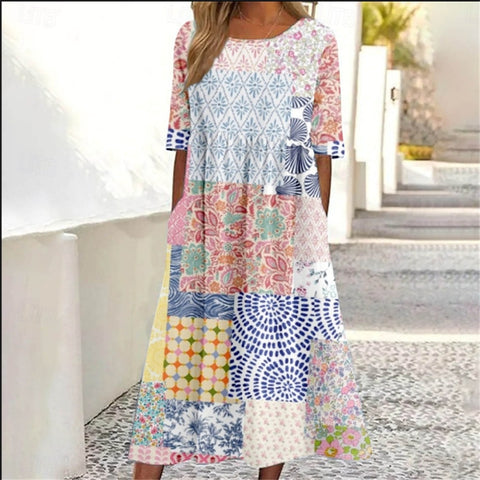 Ladies Casual Crew Neck Pullover Short Sleeve 3D Printing Pleated Waist Swing Long Dress Dress m301299