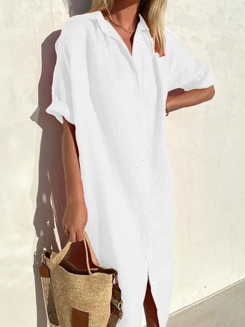 Elegant Casual Loose Short Sleeve Button Cotton and Linen Long Pocket Shirt Dress m301256