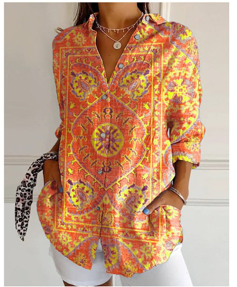 3D digital printing abstract pattern women's long-sleeved buckle linen shirt m301277