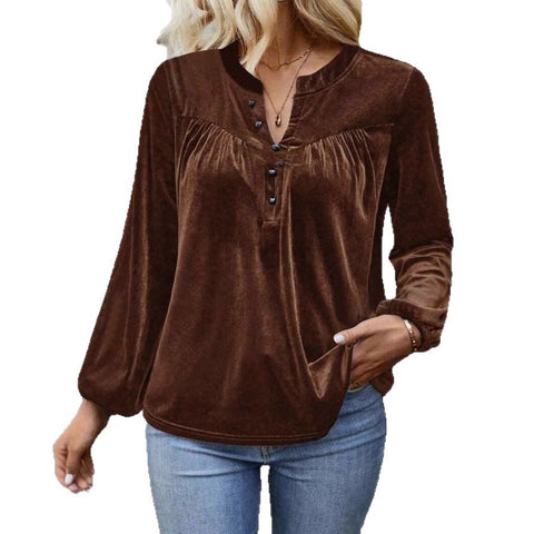 Solid color pullover V-neck casual temperament commuter button long sleeve top women m302275