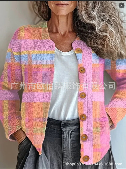 Autumn new colorful warm sunshine flower sea printed button cardigan m301725