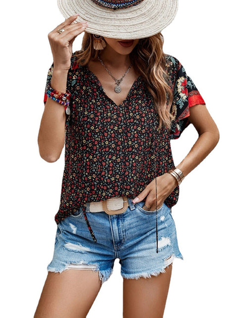 Casual famous style print V-neck short-sleeved loose shirt m300885