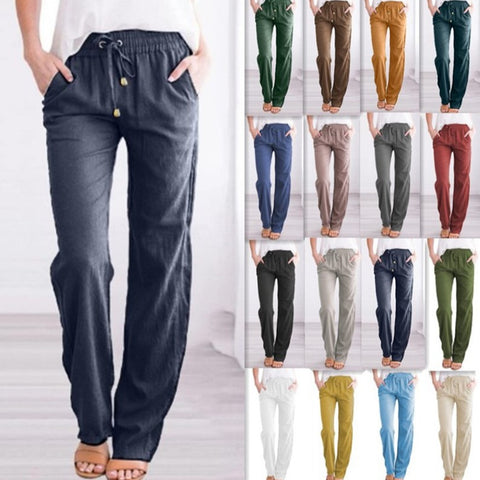 Solid color cotton and linen loose drawstring casual wide-leg trousers women's m301572
