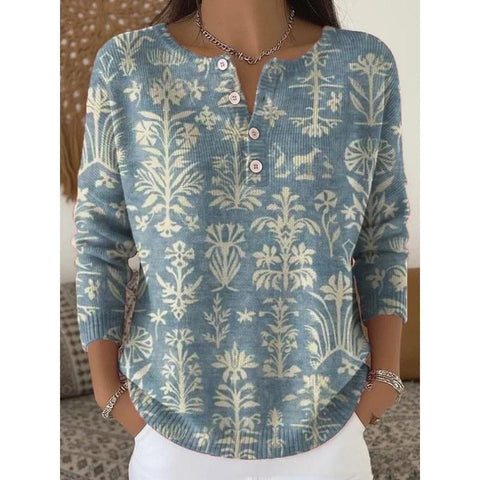 Vintage 3D digital printing four-button stand-up collar Polo sweater women m302158