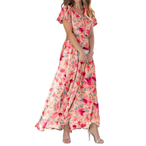 Big pendulum long dress V-neck short-sleeved printed chiffon dress m301544