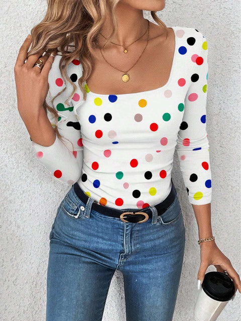 Hot-selling low-neck ribbed knitted women's 3D printing long-sleeved T-shirt m301564