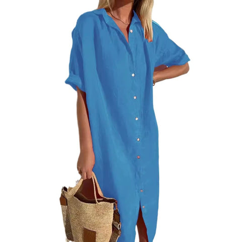Elegant Casual Loose Short Sleeve Button Cotton and Linen Long Pocket Shirt Dress m301256