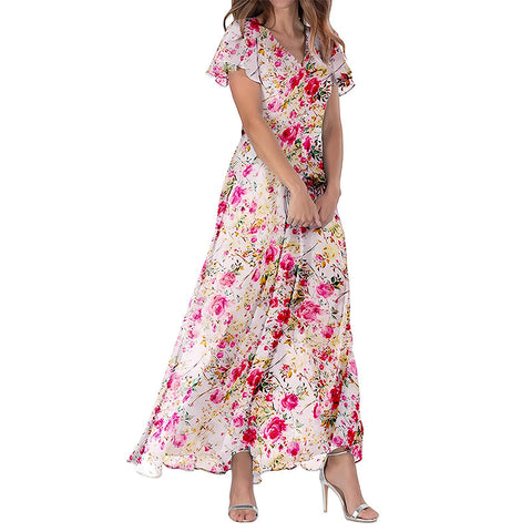 Big pendulum long dress V-neck short-sleeved printed chiffon dress m301544