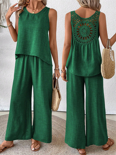 Spring and summer solid color hollow lace two-piece fashion casual vest wide-leg pants trousers m301367