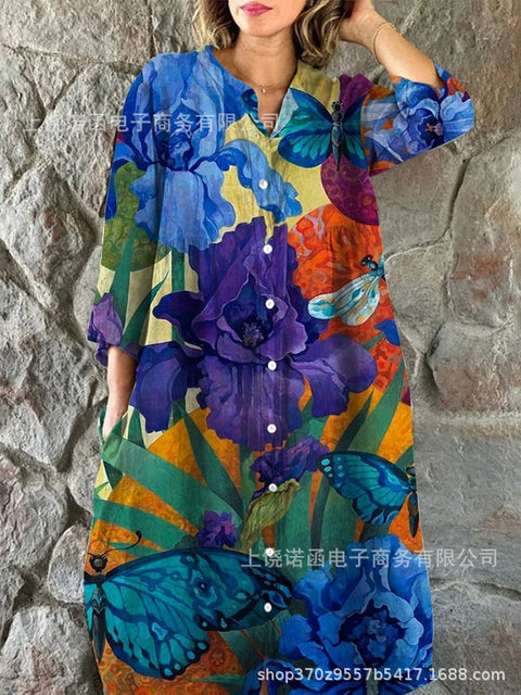 Women's Loose Crew Neck Fashion Premium Long Sleeve Printed Shirt Dress m301050