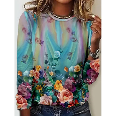 Long Sleeve T-Shirt Women's Solid Color Flower m300934