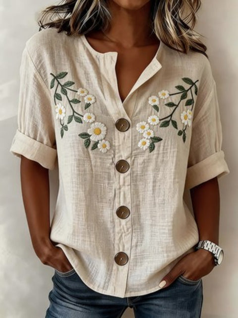 V-Neck Shirt Medium Sleeve Flower Print Button Casual Ladies Shirt m302697