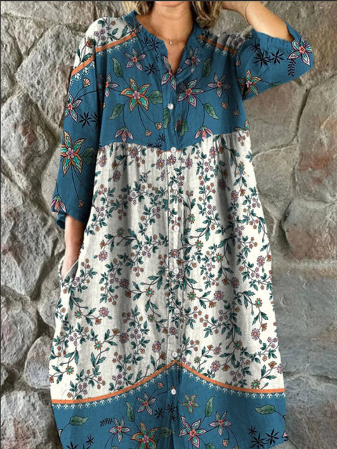 Women's Loose Crew Neck Fashion Premium Long Sleeve Printed Shirt Dress m301050