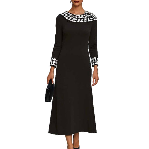 Elegant autumn and winter long-sleeved bird grid splicing dress m301752