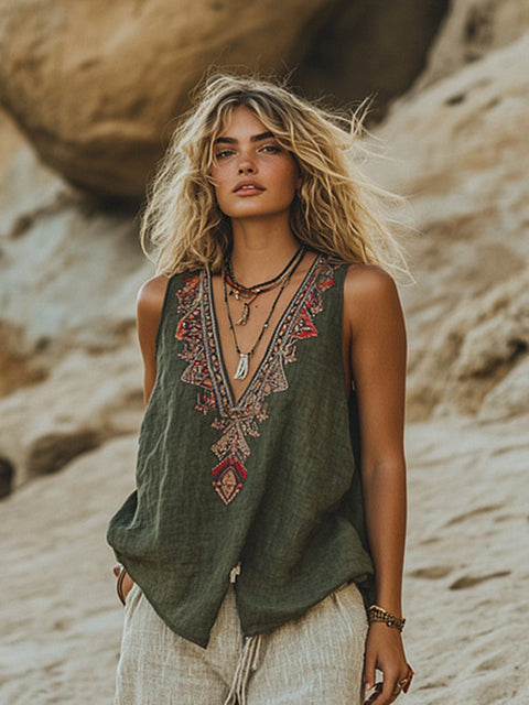 Plant flower print V-neck ethnic tribal vest top m301533