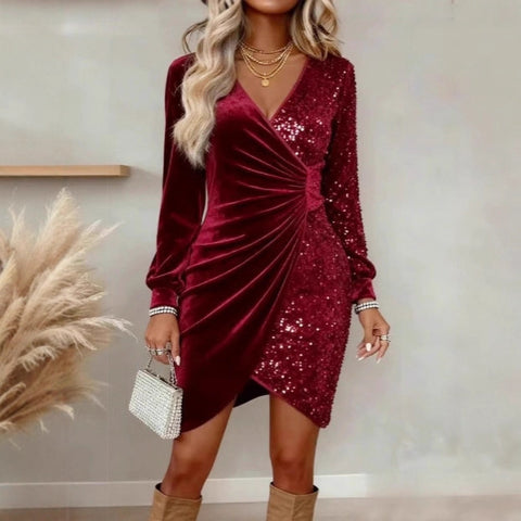 New sexy fashion V-neck sequined velvet slim dress m302283
