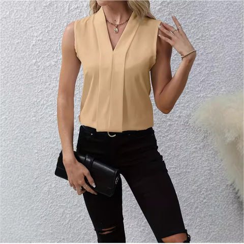 women's clothing solid color elegant temperament sleeveless vest V-neck shirt m300968