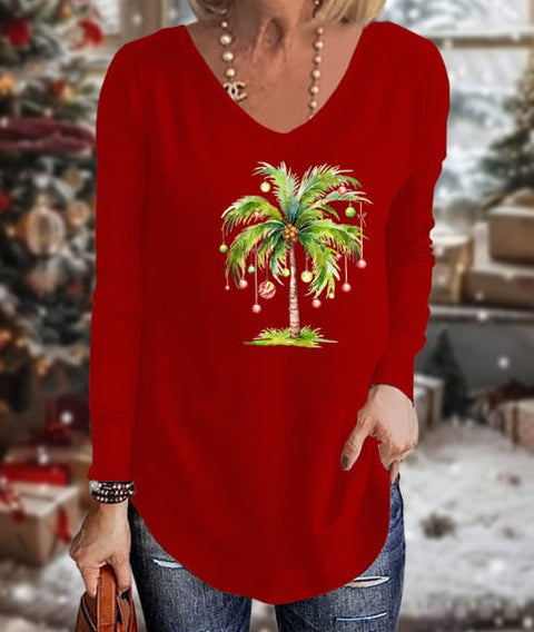 Loose 3D V-neck long-sleeved T-shirt women's Christmas printed bottoming shirt m302098