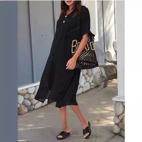 Woven cotton and linen double-layer split V-neck literary dress m301247