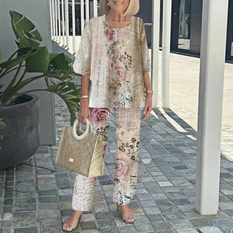 Casual round neck medium sleeve top printed flower pants set two-piece set m301465