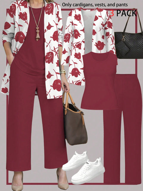 Pink three-piece casual suit women's cardigan wide-leg pants m302761