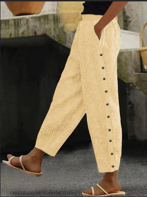 Fashion new printed striped button-up rubber band waist nine-point pants m301458