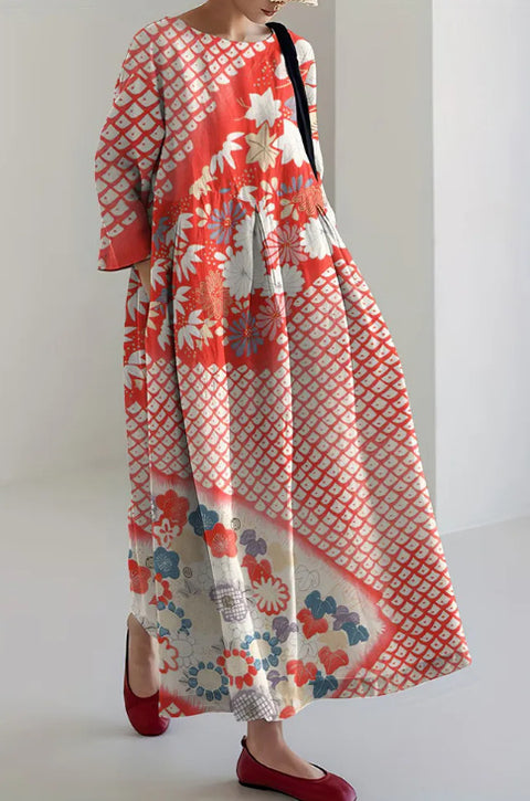 Loose new retro floral loose women's printed long dress m300916