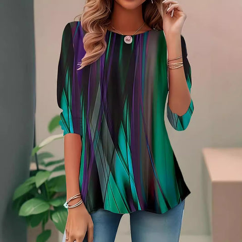 Women's digital printing crew neck loose long-sleeved top m300592