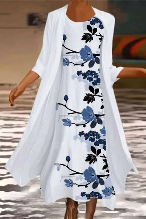 New women's long dress two-piece set flower and grass print crew neck dress m301251