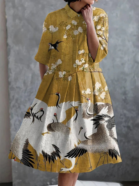 Elastisches Hanf kurzes Hemdblusenkleid, Blumenmuster, japanischer Urlaubsstil, Pendelrock m303187