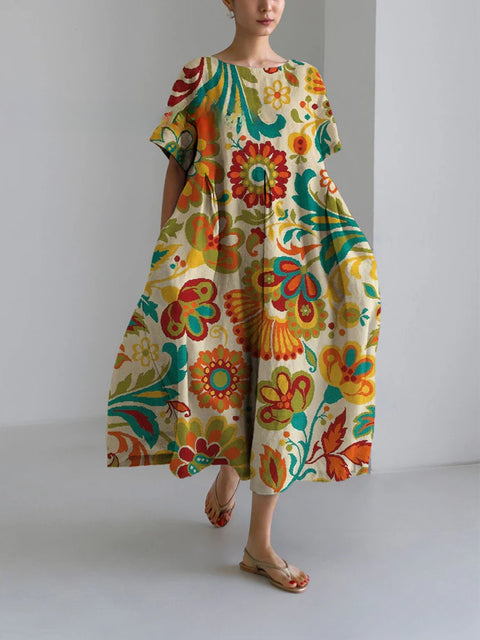 Women's loose crew neck fashion high-end short-sleeved printed dress m301052