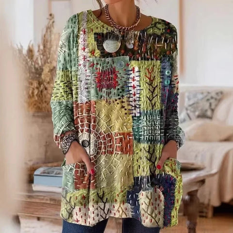 T-shirt pull à manches longues et col rond pour femme, imprimé en 3D, m303192