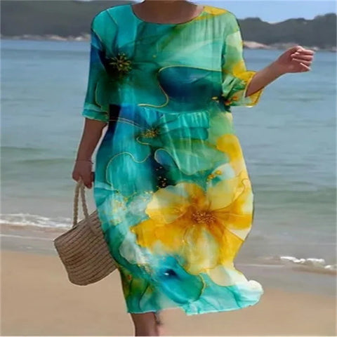 Loose Crew Neck Fashion Premium Long Sleeve Printed Dress m301045