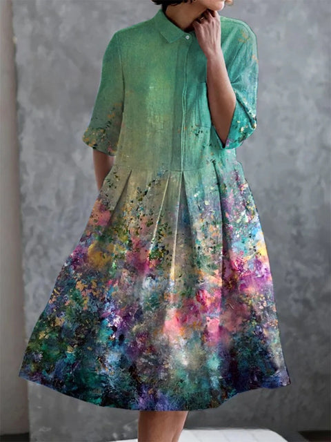 Elastisches Hanf kurzes Hemdblusenkleid, Blumenmuster, japanischer Urlaubsstil, Pendelrock m303187
