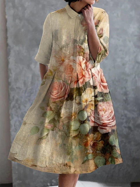 Elastisches Hanf kurzes Hemdblusenkleid, Blumenmuster, japanischer Urlaubsstil, Pendelrock m303187