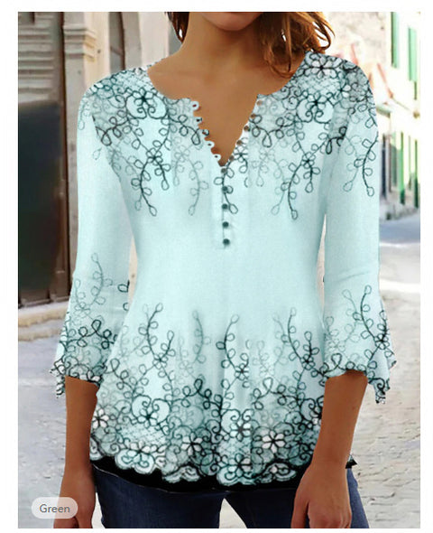 Fashion Ruili floral print V-neck three-quarter sleeve T-shirt m300035