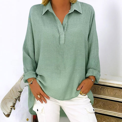 Solid color casual loose long-sleeved Tencel bamboo V-neck shirt m302096
