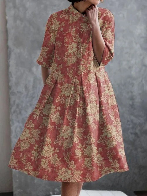 Elastisches Hanf kurzes Hemdblusenkleid, Blumenmuster, japanischer Urlaubsstil, Pendelrock m303187