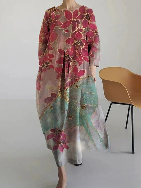 Women's loose crew neck fashion high-end long-sleeved printed dress m301049