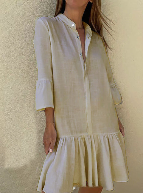 Spring and summer stand-up collar pure cotton and linen solid color ruffle hem dress m300724