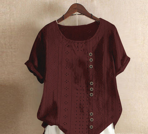 Summer Women's Solid Button Palace Lock Loose Short sleeved Round Neck Top m300046