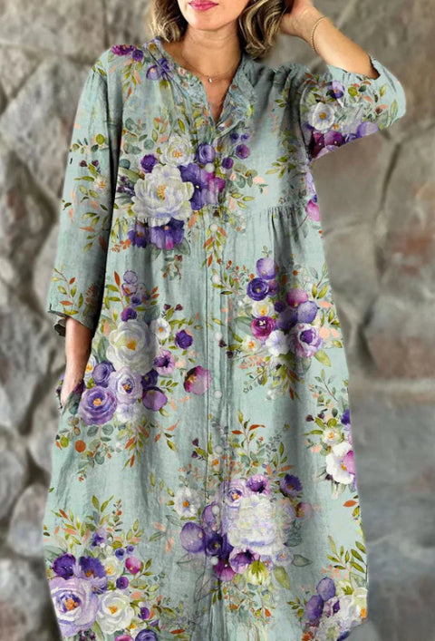 Women's Loose Crew Neck Fashion Premium Long Sleeve Printed Shirt Dress m301050