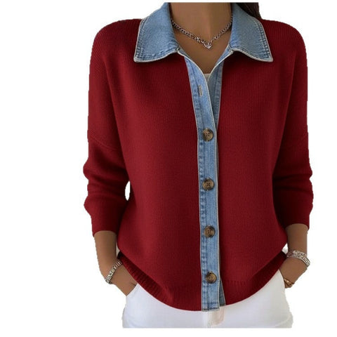 Unique denim splicing collar cardigan women's spring sweater small shirt slim long-sleeved top m302110