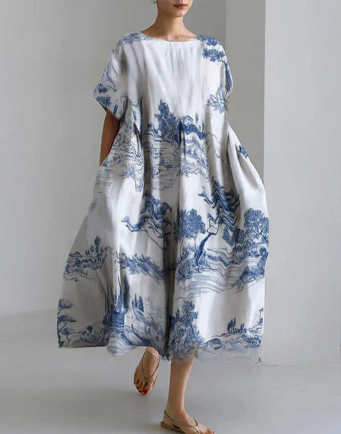 Women's loose crew neck fashion high-end short-sleeved printed dress m301052