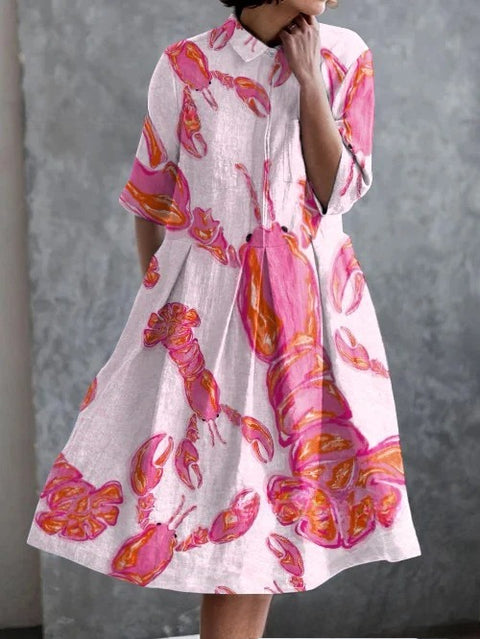 Elastisches Hanf kurzes Hemdblusenkleid, Blumenmuster, japanischer Urlaubsstil, Pendelrock m303187